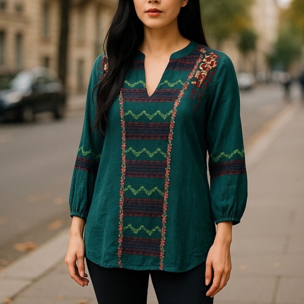 Soft Surroundings Teal Green Cotton Embroidered Peasant Top